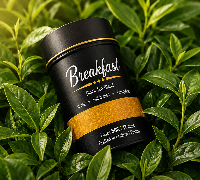 English Breakfast Leo Tea – elegancka puszka, doypack i kubek prezentowy